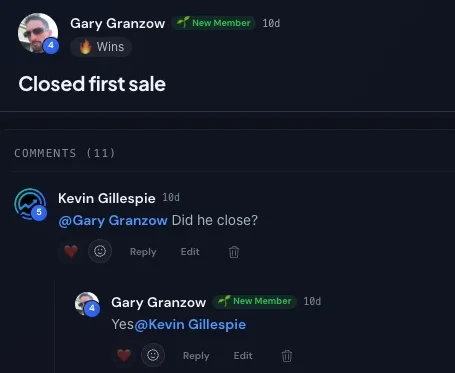 Gary Granzow, community post titled Closed first sale. A member comments Did he close? Gary replies Yes.