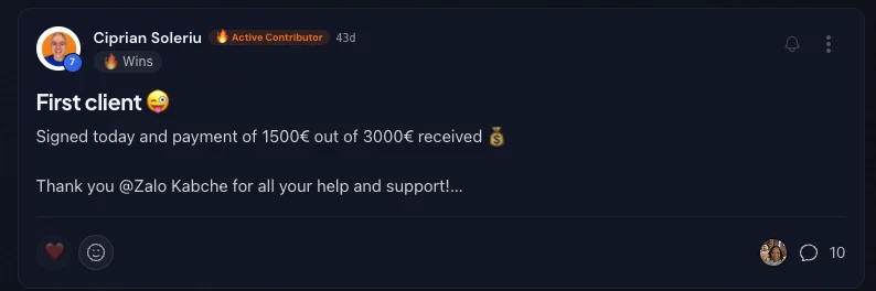 Ciprian Soleriu: first client signed today — €1,500 of €3,000 received.