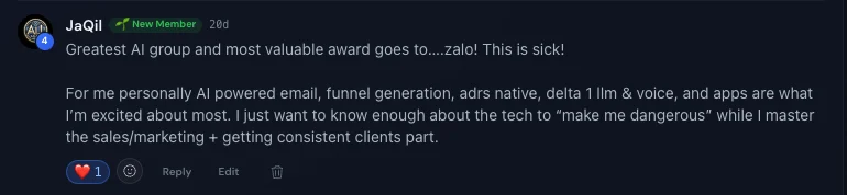 JaQil: greatest AI group and the most valuable — excited about the email, funnel, voice and app tools.