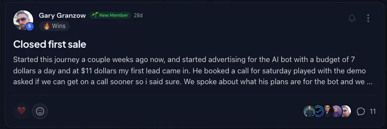 Gary Granzow: closed my first sale — first lead came in at $11 of ad spend and booked a call.