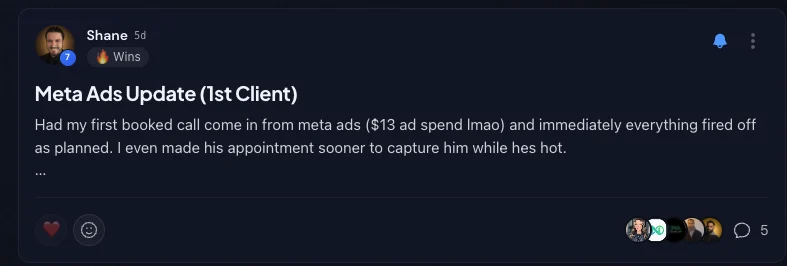 Shane: first client from Meta Ads — booked a call from just $13 of ad spend.